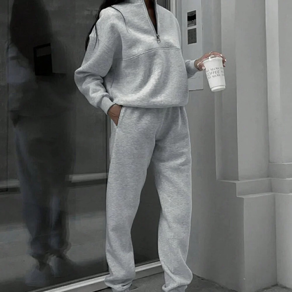Grey Casual Women's Half Zipper Hoodie And Jogger Pants Two Piece Set - Picture 1 of 7